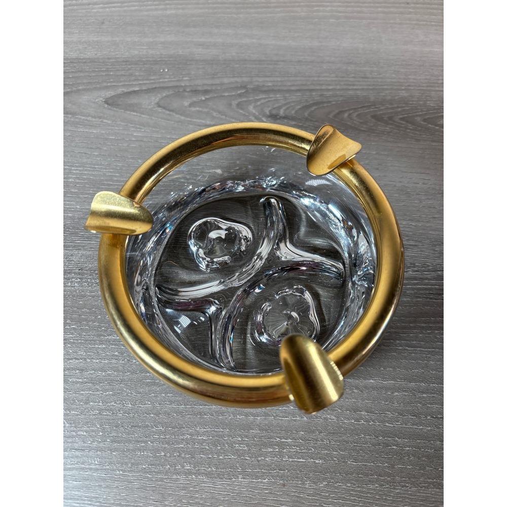 Vintage Crystal Glass Ashtray with Gold Metal Rim Mid Century Modern Decor - Picture 2 of 7